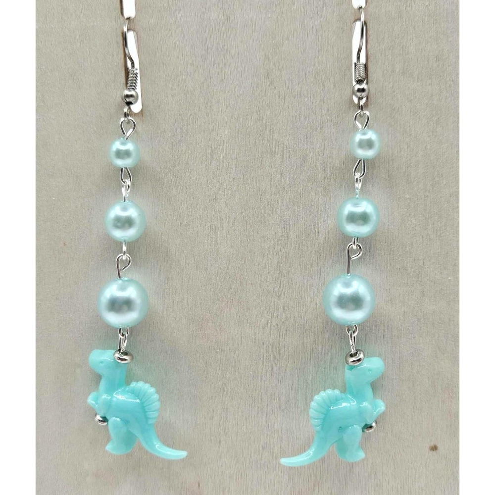 Dinosaur Earrings Blue Pearl Drop Dangle Fun Quirky Statement Jewelry Handmade